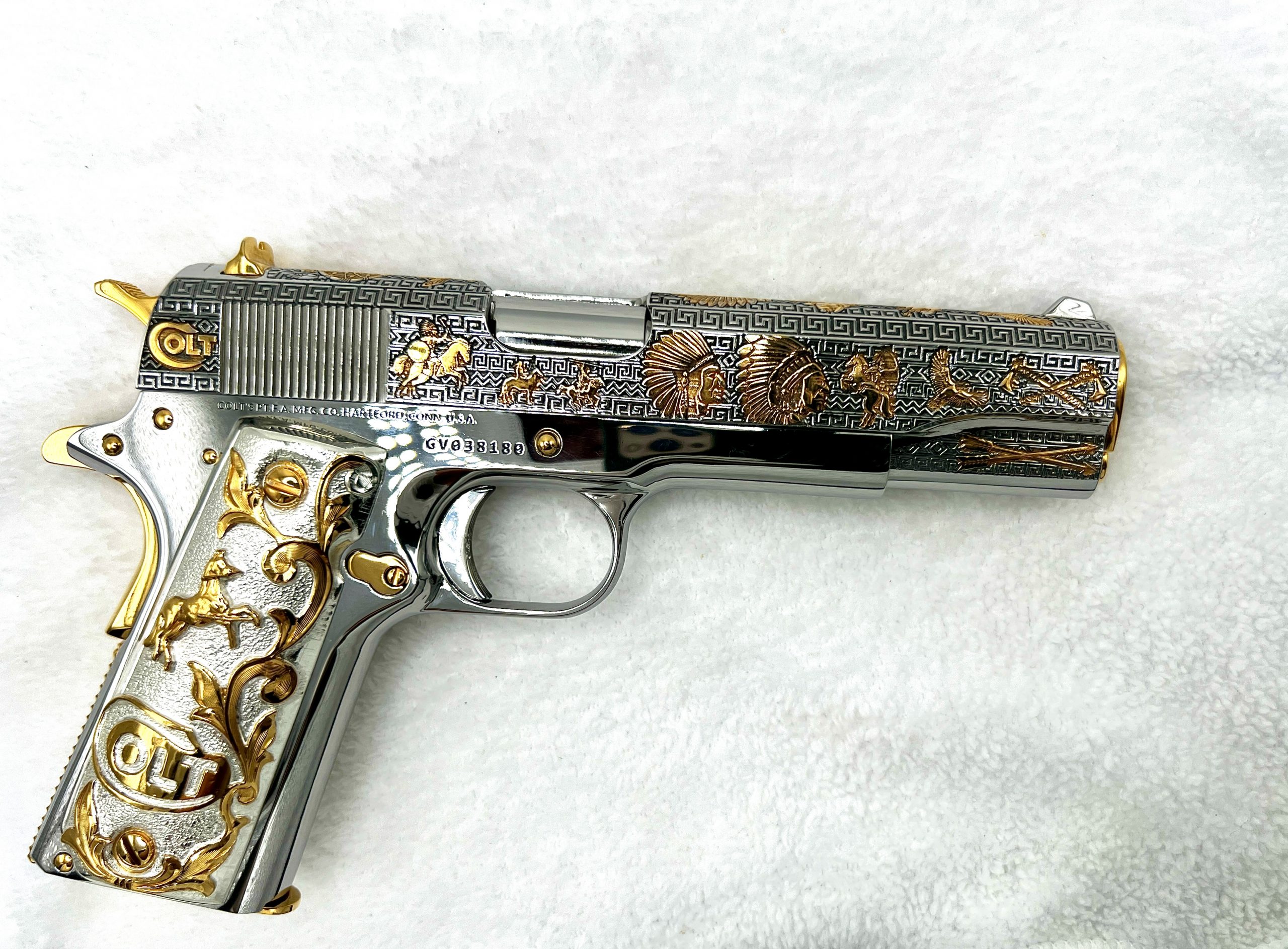 New Colt 1911 government 38 super Fully custom engraved. 24 carats gold plated parts.