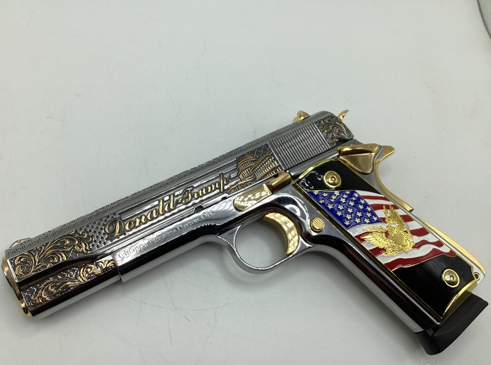 Charles Daly 1911 with custom engravings, high polish nickel plating, 24-carat gold-plated parts