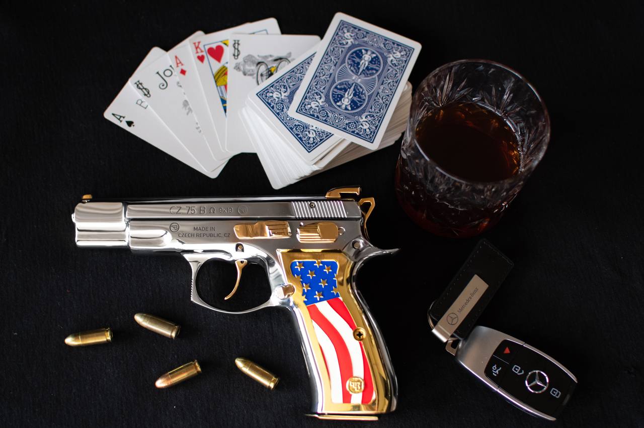 A Sig Sauer P226 9mm pistol in good condition can serve as a great base for customization. To achieve the specifications you mentioned, including fully custom engraving with exclusive designs, high polish nickel plating, 24-carat gold-plated parts, custom wood grips, and a 15-round magazine with a gold-plated bottom, you would typically need to follow a process like the one outlined below: